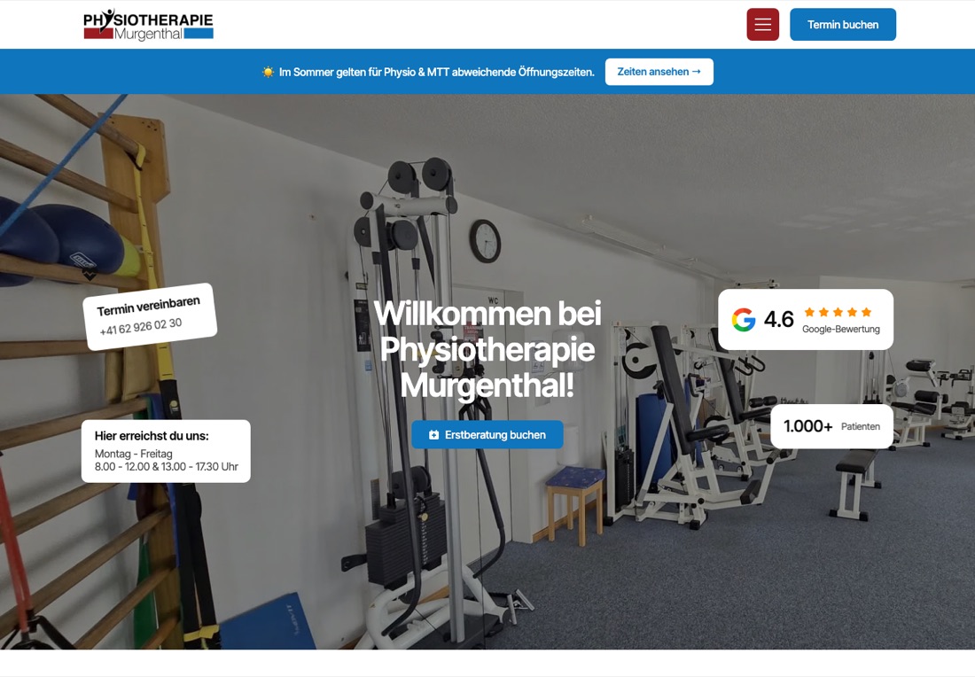 Die neue Website der Physiotherapie Murgenthal: Startseite mit Trainingsbereich, Google-Bewertung 4,6 und Terminbuchung