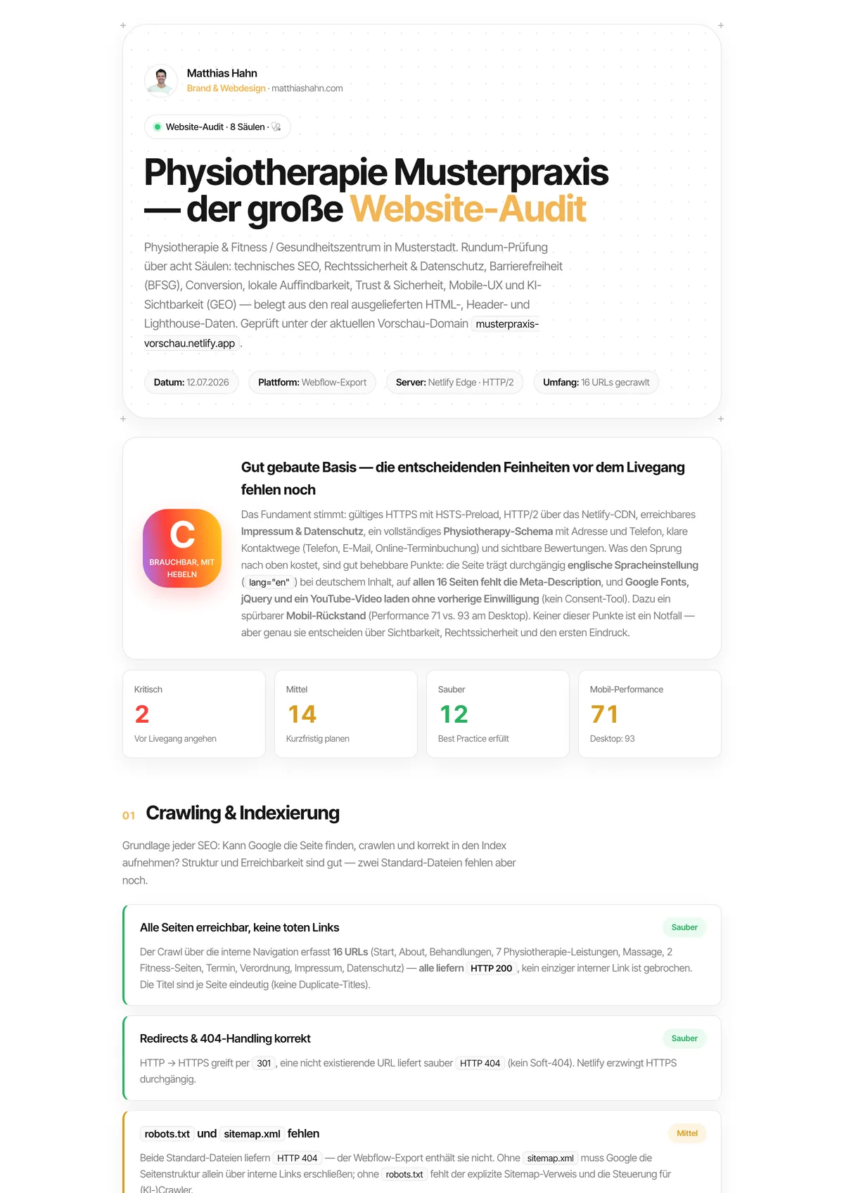 Beispielseite eines 8-Säulen-Website-Audits: Gesamtnote C „Brauchbar, mit Hebeln“, Kennzahlen zu kritischen, mittleren und sauberen Punkten sowie der Beginn der Säule „Crawling & Indexierung“.